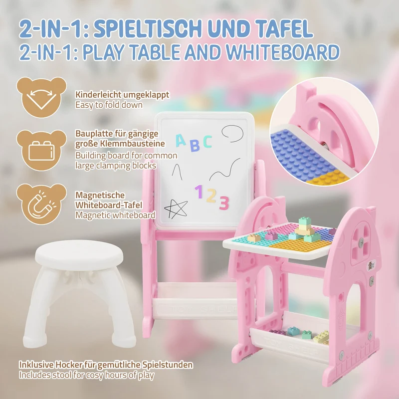 Kindersitzgruppe 2 in 1 Spieltisch mit Tafel und Stuhl Set, HDPE, Weiß-Rosa, Kindertisch und Hocker Joyz