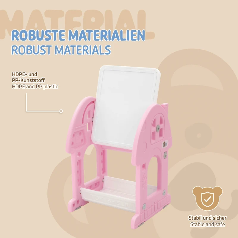 Kindersitzgruppe 2 in 1 Spieltisch mit Tafel und Stuhl Set, HDPE, Weiß-Rosa, Kindertisch und Hocker Joyz