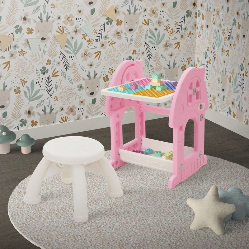 Kindersitzgruppe 2 in 1 Spieltisch mit Tafel und Stuhl Set, HDPE, Weiß-Rosa, Kindertisch und Hocker Joyz