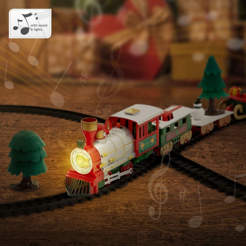ECD Germany | Weihnachtszug Set 22 Teile batteriebetrieben mit Licht & Sound, Weihnachtsdeko, Eisenbahn für Weihnachtsbaum, Weihnachtsbahngleise