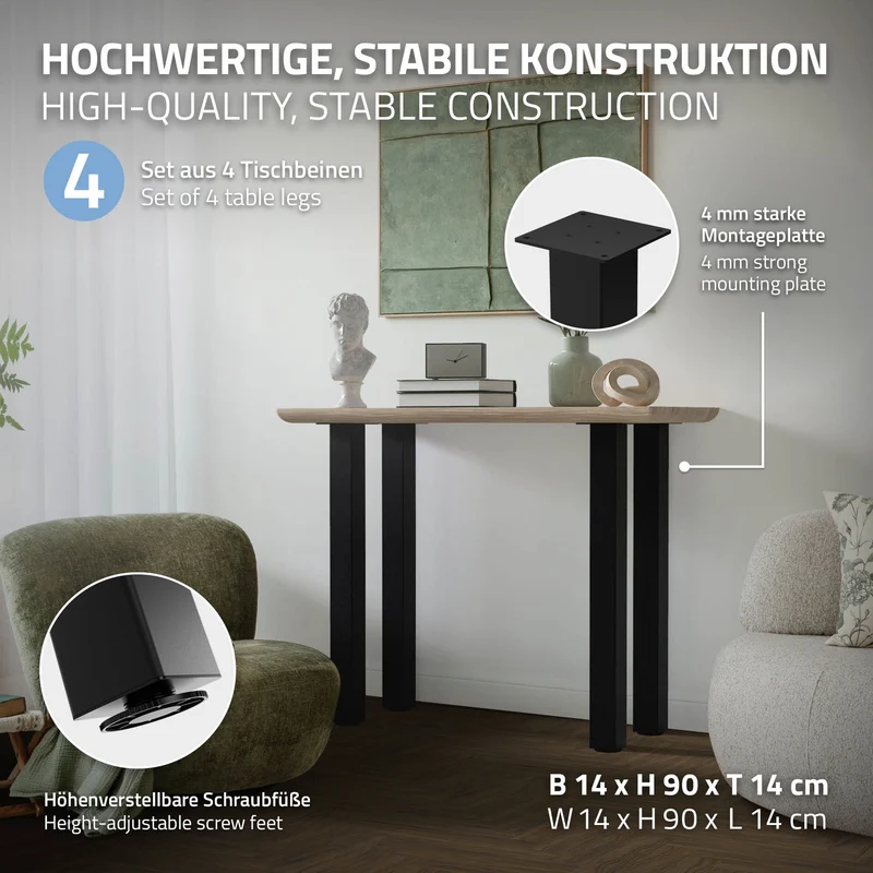 4er Set Tischbeine I-Design 90 cm Schwarz Tischgestell aus pulverbeschichteter Stahl, Profil 8x8 cm, höhenverstellbare Möbelfüße ML-Design