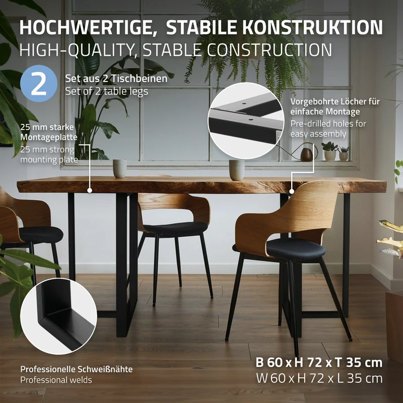 2er Set Tischgestell B60xH72 cm in T-Form Metall Schwarz ML-Design