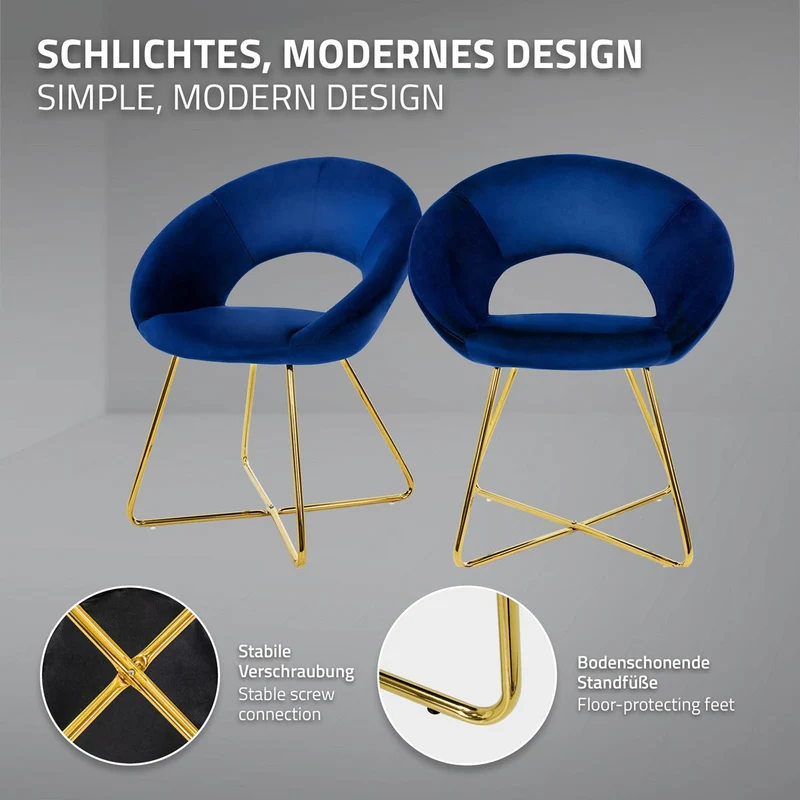 Esszimmerstuhl 4er Set mit runder Rückenlehne Blau aus Samt mit goldenen Metallbeinen ML-Design