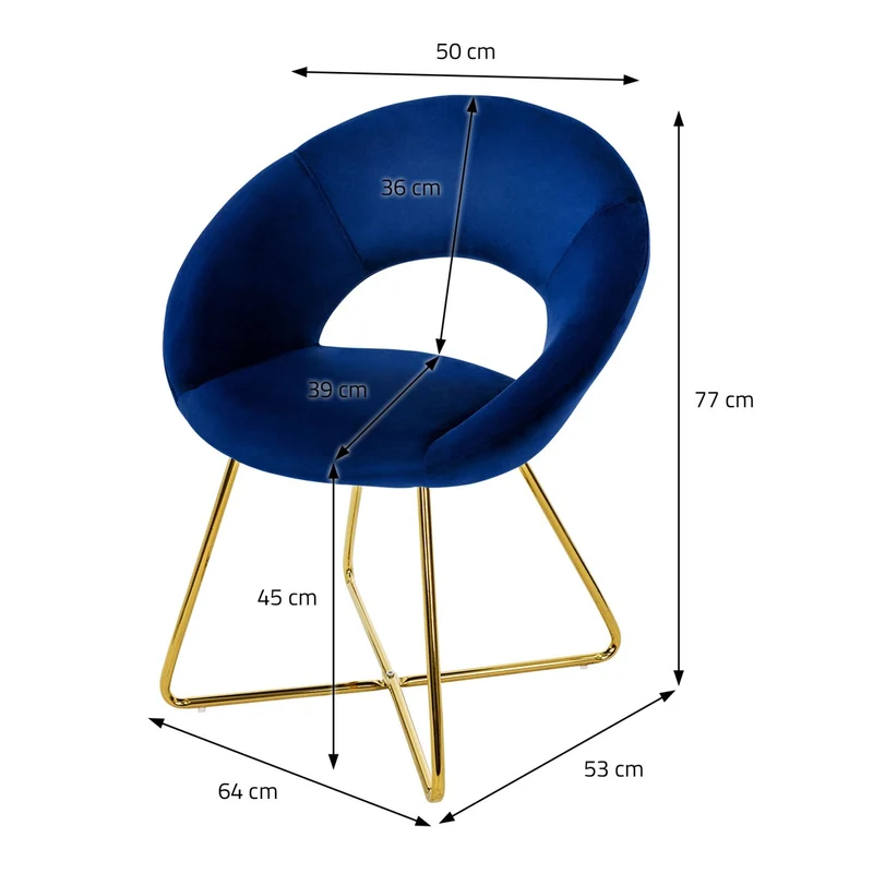 Esszimmerstuhl 4er Set mit runder Rückenlehne Blau aus Samt mit goldenen Metallbeinen ML-Design