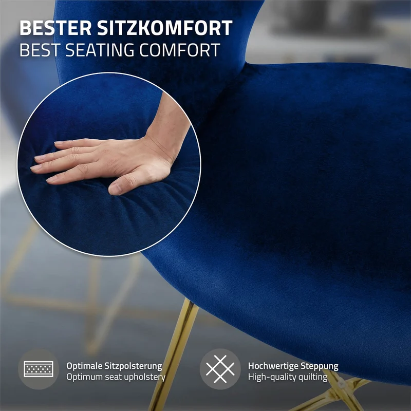 Esszimmerstuhl 2er Set mit runder offener Rückenlehne Blau aus Samt mit goldenen Metallbeinen ML-Design