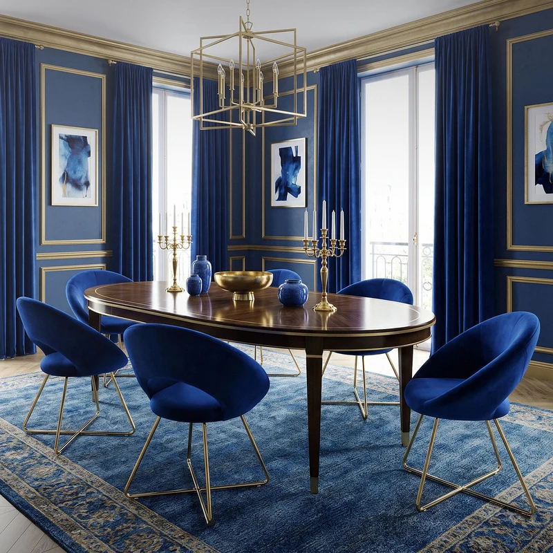 Esszimmerstuhl 2er Set mit runder offener Rückenlehne Blau aus Samt mit goldenen Metallbeinen ML-Design