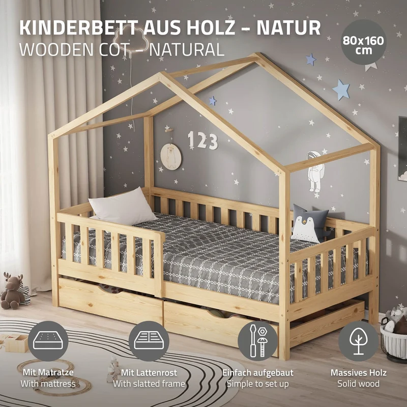 Kinderbett Hausbett 80x160 cm Natur aus Kiefernholz mit Matratze H:10cm, 2 Schubkasten, Rausfallschutz & Lattenrost ML-Design