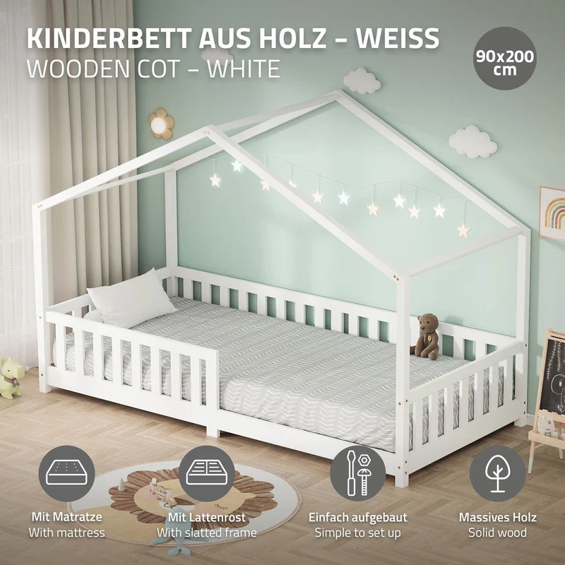 Kinderbett Hausbett 90x200 cm Weiß aus Kiefernholz mit Matratze H:10cm Rausfallschutz und Lattenrost ML-Design
