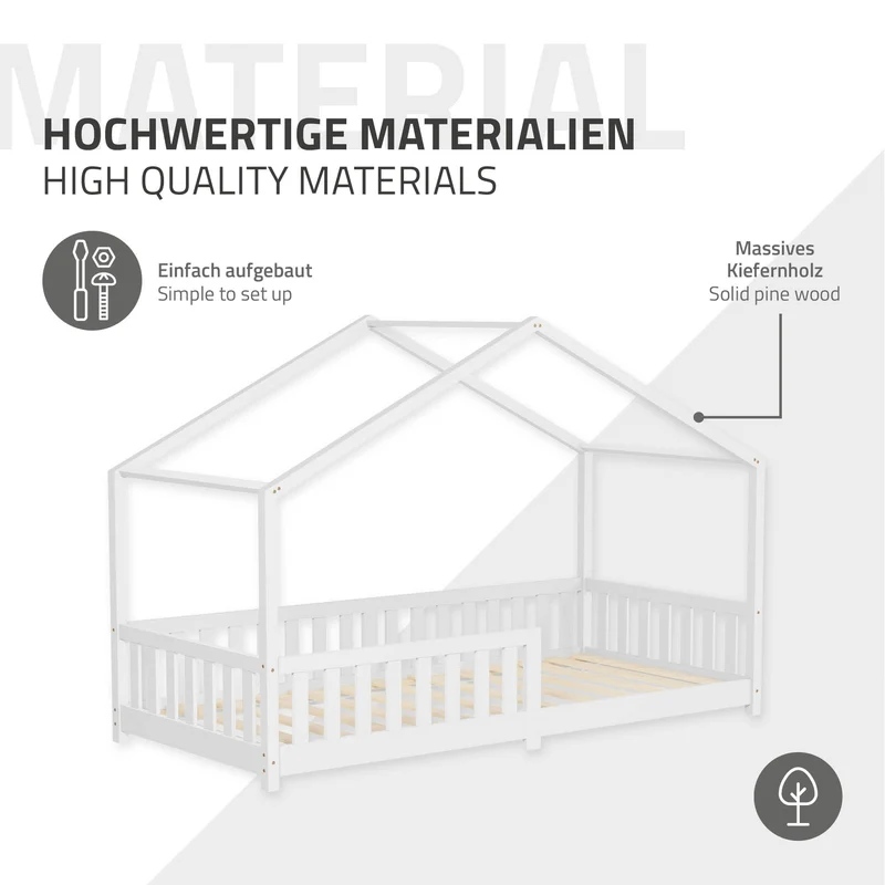 Kinderbett Hausbett 90x200 cm Weiß aus Kiefernholz mit Matratze H:10cm Rausfallschutz und Lattenrost ML-Design