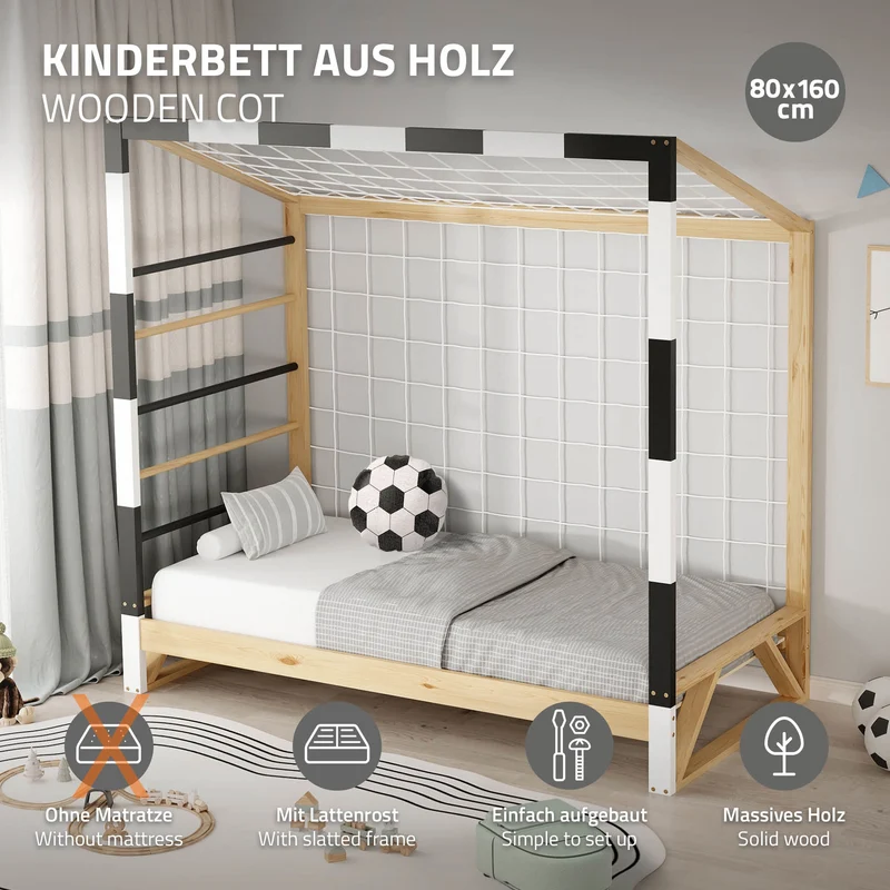 ML-Design | Kinderbett Fußballtor 80x160 cm aus massivem Kiefernholz Holzbett mit Lattenrost & Tornetz Handballtor