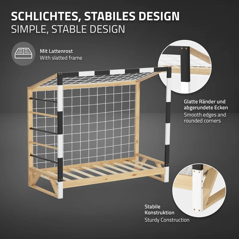 ML-Design | Kinderbett Fußballtor 80x160 cm aus massivem Kiefernholz Holzbett mit Lattenrost & Tornetz Handballtor