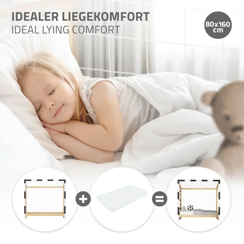 ML-Design | Kinderbett Fußballtor 80x160 cm aus massivem Kiefernholz Holzbett mit Lattenrost & Tornetz Handballtor