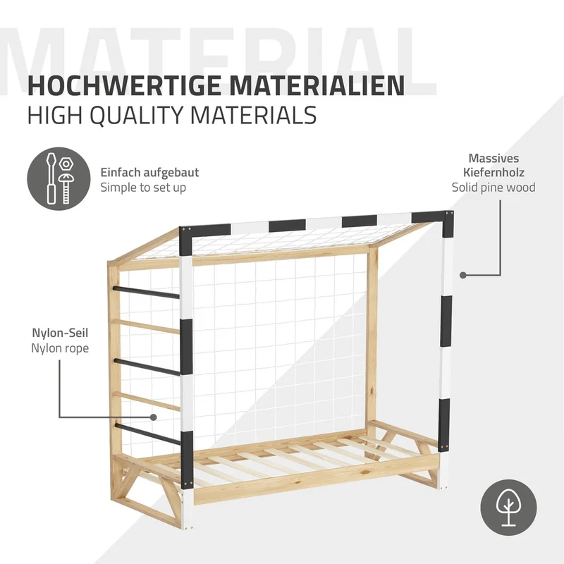 ML-Design | Kinderbett Fußballtor 80x160 cm aus massivem Kiefernholz Holzbett mit Lattenrost & Tornetz Handballtor