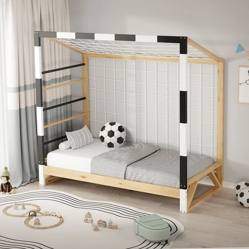 ML-Design | Kinderbett Fußballtor 80x160 cm aus massivem Kiefernholz Holzbett mit Lattenrost & Tornetz Handballtor