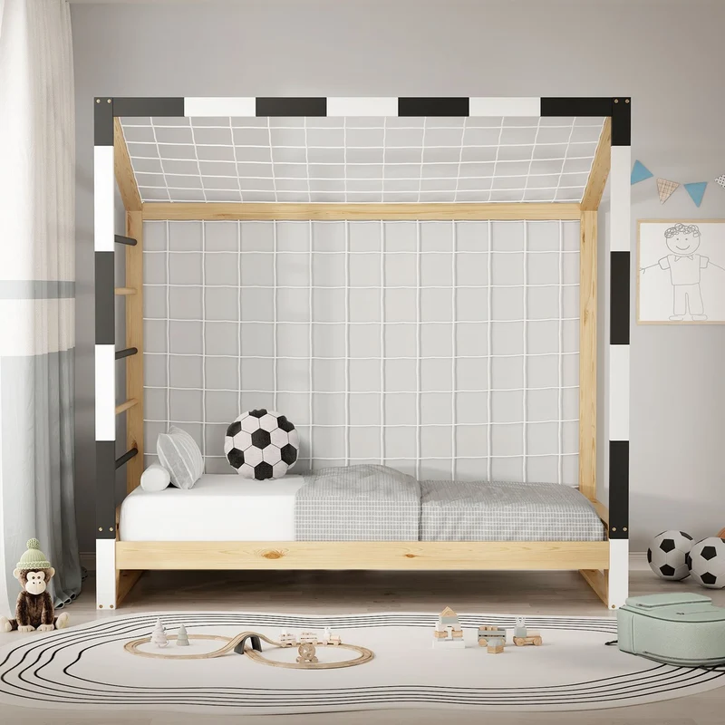 ML-Design | Kinderbett Fußballtor 80x160 cm aus massivem Kiefernholz Holzbett mit Lattenrost & Tornetz Handballtor