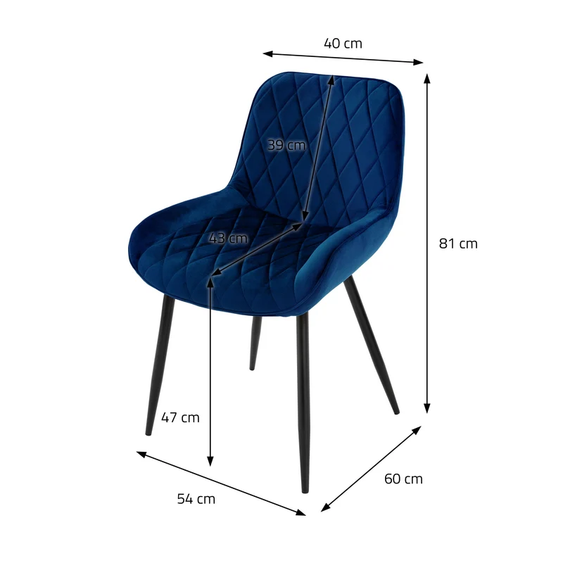 Esszimmerstuhl mit Rauten Steppung 2er Set Dunkelblau Samtbezug mit Metallbeinen inkl. Montagematerial ML-Design