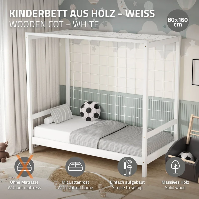 Kinderbett Fußballtor 80x160 cm Weiß Einzelbett für Kinder Holzbett mit Lattenrost & Tornetz Handballtor ML-Design