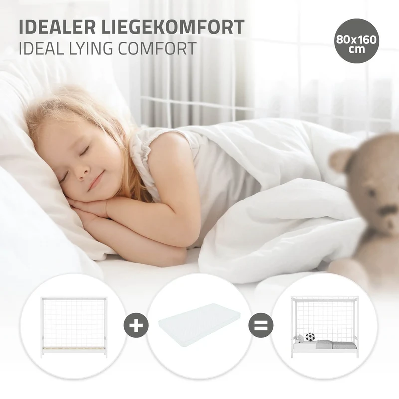Kinderbett Fußballtor 80x160 cm Weiß Einzelbett für Kinder Holzbett mit Lattenrost & Tornetz Handballtor ML-Design