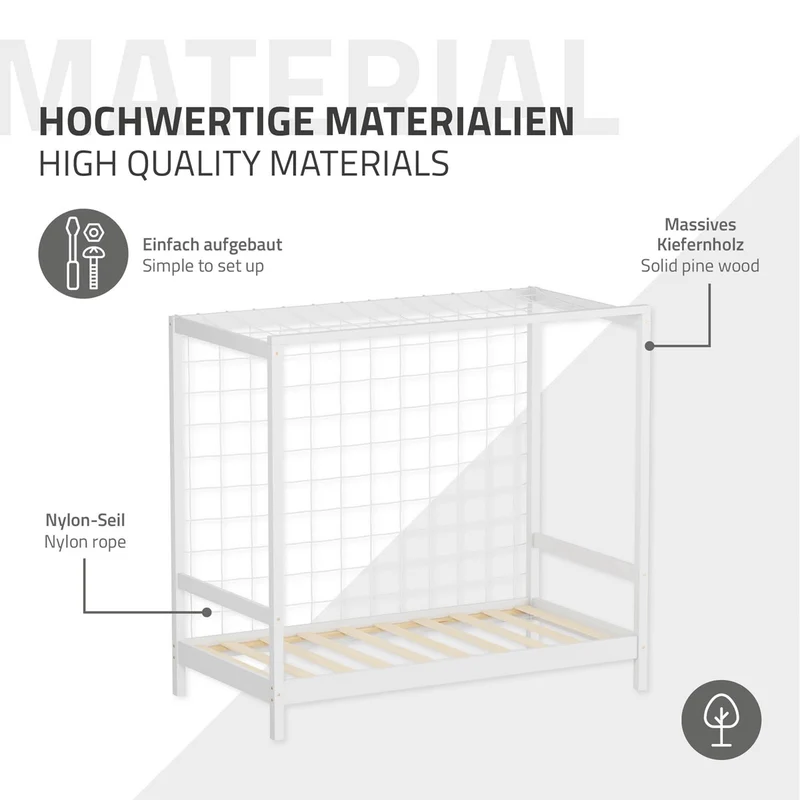 Kinderbett Fußballtor 80x160 cm Weiß Einzelbett für Kinder Holzbett mit Lattenrost & Tornetz Handballtor ML-Design