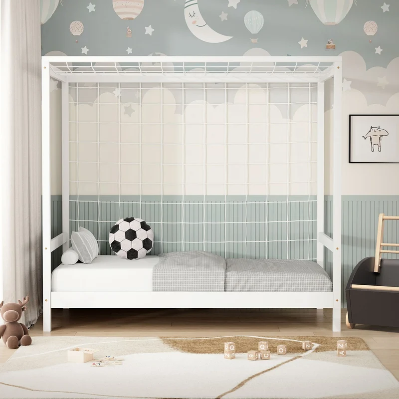 Kinderbett Fußballtor 80x160 cm Weiß Einzelbett für Kinder Holzbett mit Lattenrost & Tornetz Handballtor ML-Design