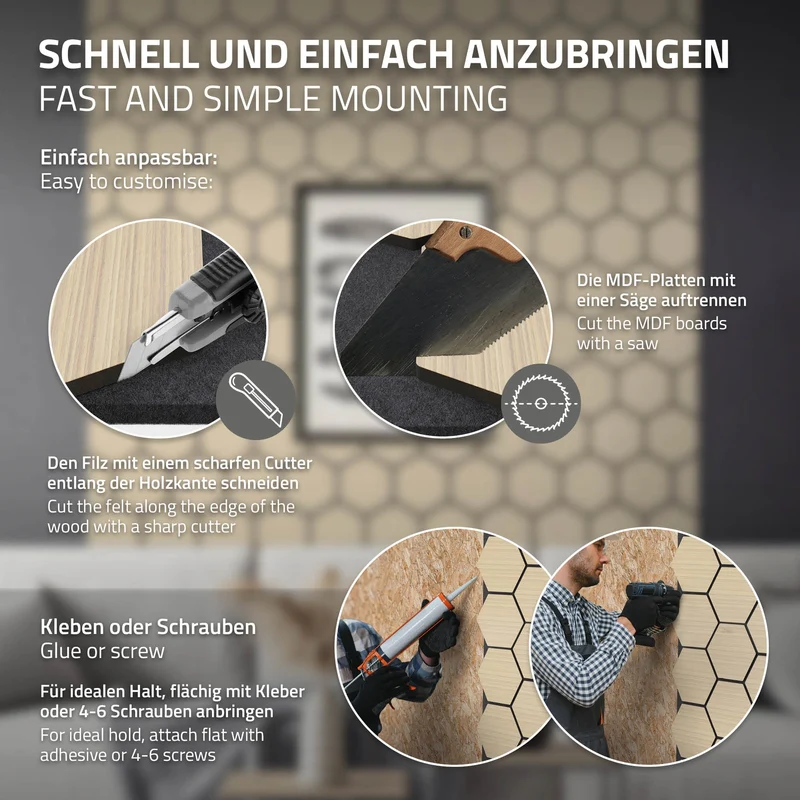 2er Set Akustikpaneele für 1m² Eiche Wandpaneele Hexagon Schalldämmung ML-Design