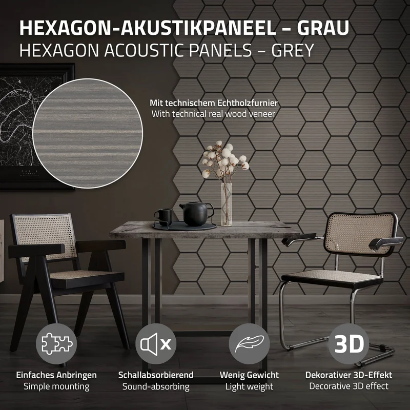 2er Set Akustikpaneele für 1m² Grau Wandpaneele Hexagon Schallabsorber Schalldämmung ML-Design