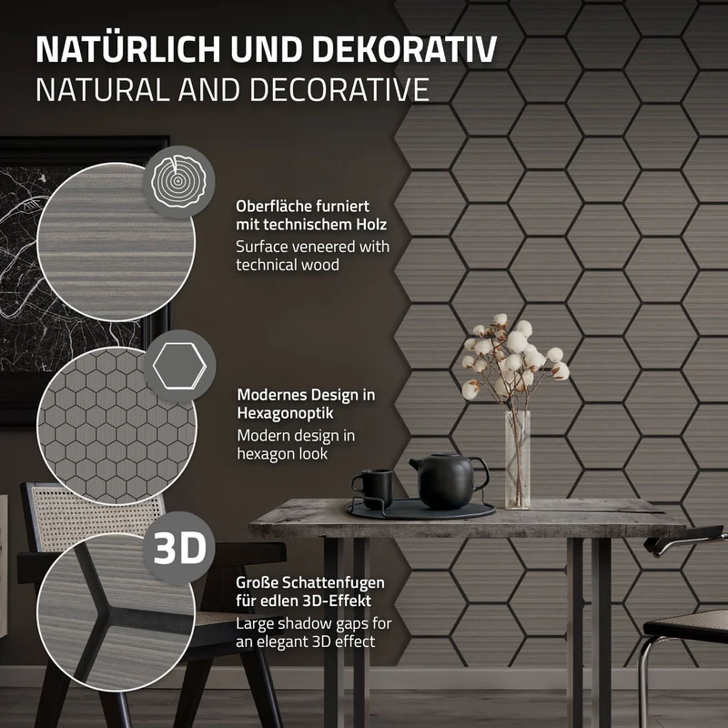 2er Set Akustikpaneele für 1m² Grau Wandpaneele Hexagon Schallabsorber Schalldämmung ML-Design