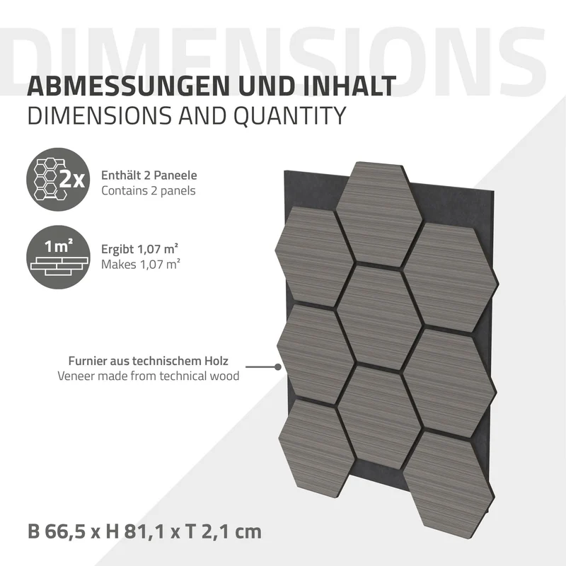 2er Set Akustikpaneele für 1m² Grau Wandpaneele Hexagon Schallabsorber Schalldämmung ML-Design