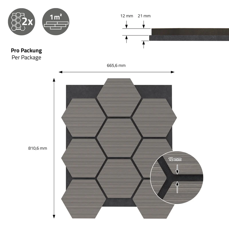 2er Set Akustikpaneele für 1m² Grau Wandpaneele Hexagon Schallabsorber Schalldämmung ML-Design