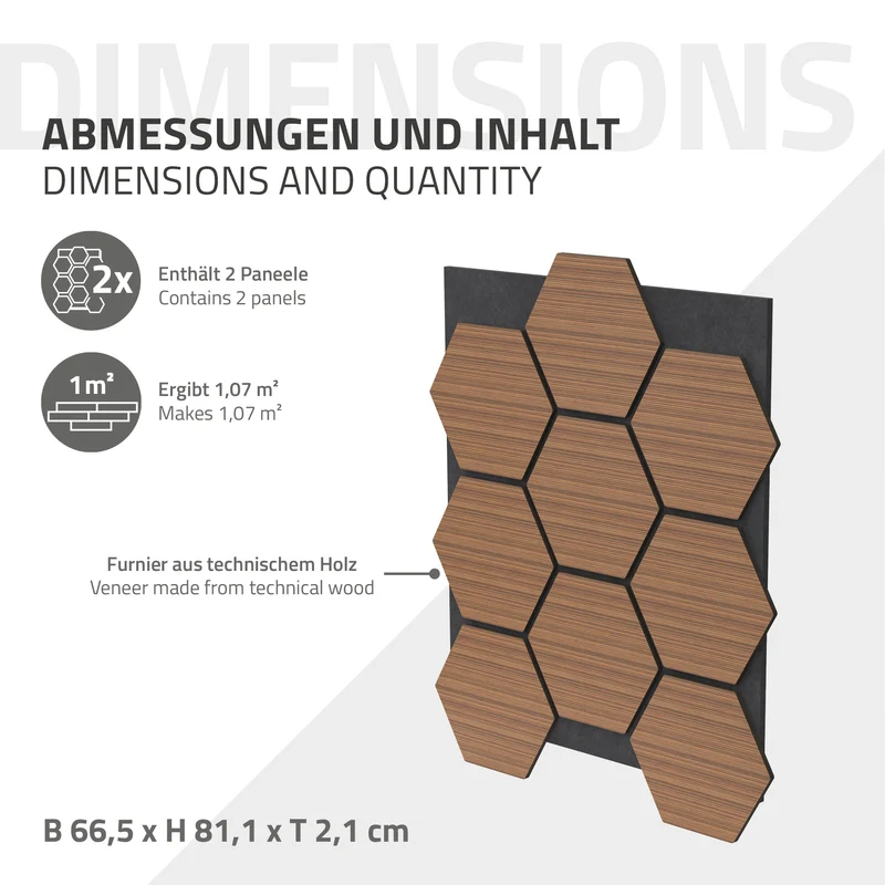 2er Set Akustikpaneele für 1m² Teak Wandpaneele Hexagon Schallabsorber Schalldämmung ML-Design