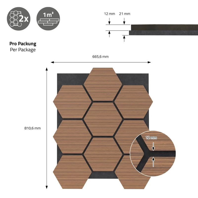 2er Set Akustikpaneele für 1m² Teak Wandpaneele Hexagon Schallabsorber Schalldämmung ML-Design