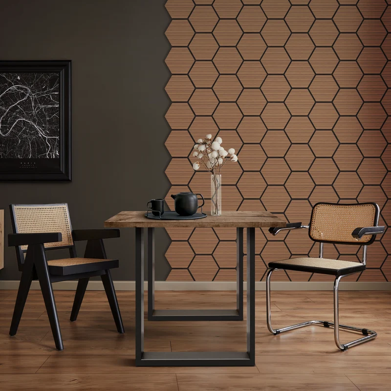 2er Set Akustikpaneele für 1m² Teak Wandpaneele Hexagon Schallabsorber Schalldämmung ML-Design
