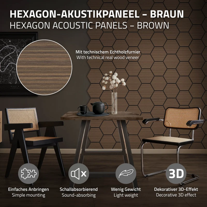 2er Set Akustikpaneele für 1m² Braun Wandpaneele Hexagon Schallabsorber Schalldämmung ML-Design