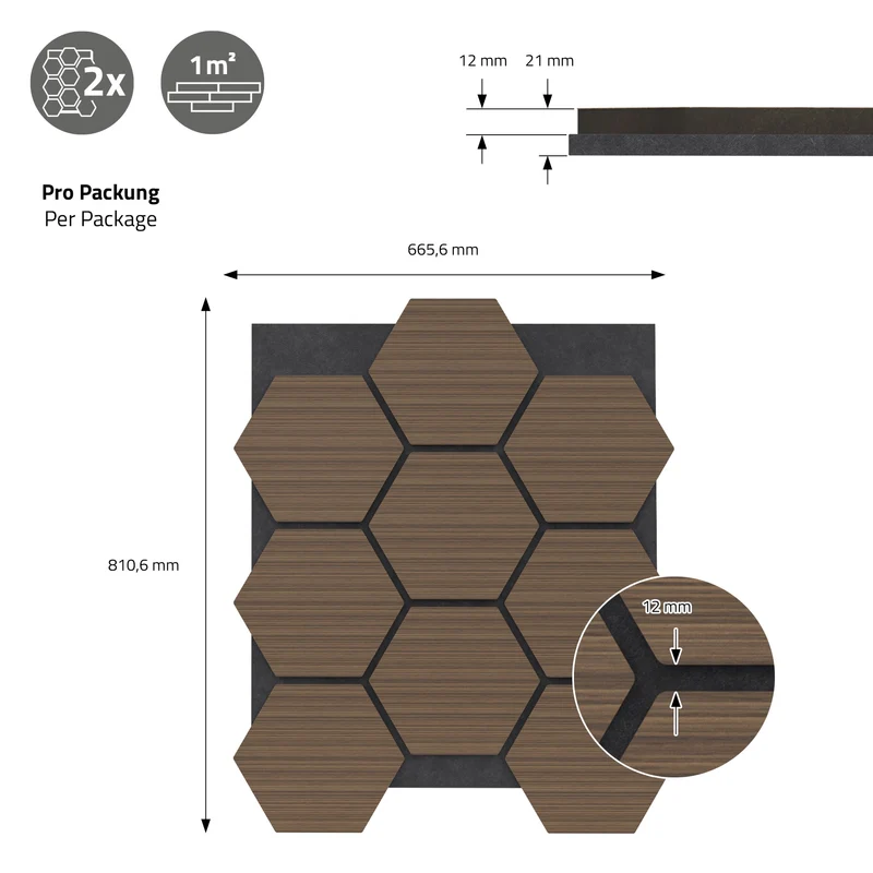 2er Set Akustikpaneele für 1m² Braun Wandpaneele Hexagon Schallabsorber Schalldämmung ML-Design