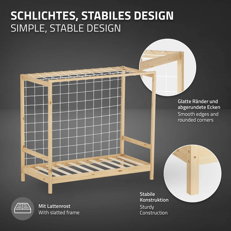 Kinderbett Fußballtor 80x160 cm Natur Einzelbett für Kinder Holzbett mit Lattenrost & Tornetz Handballtor ML-Design