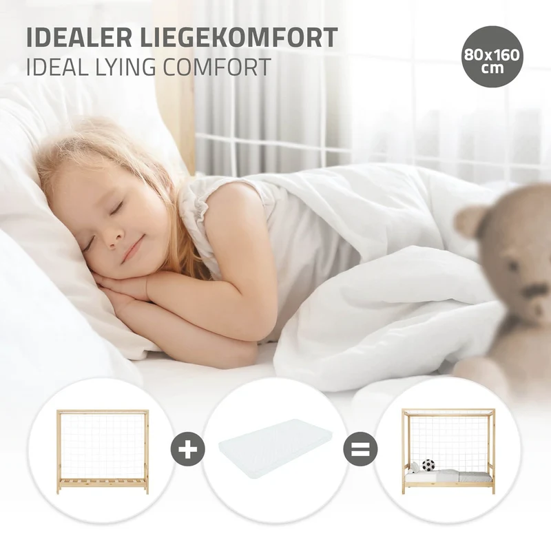 Kinderbett Fußballtor 80x160 cm Natur Einzelbett für Kinder Holzbett mit Lattenrost & Tornetz Handballtor ML-Design