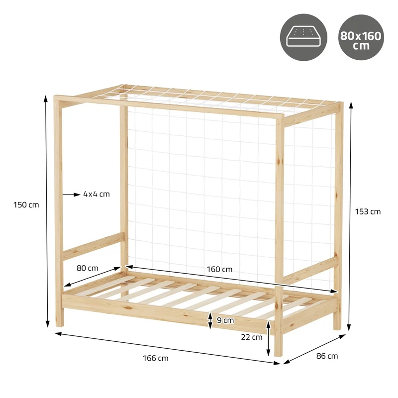 Kinderbett Fußballtor 80x160 cm Natur Einzelbett für Kinder Holzbett mit Lattenrost & Tornetz Handballtor ML-Design