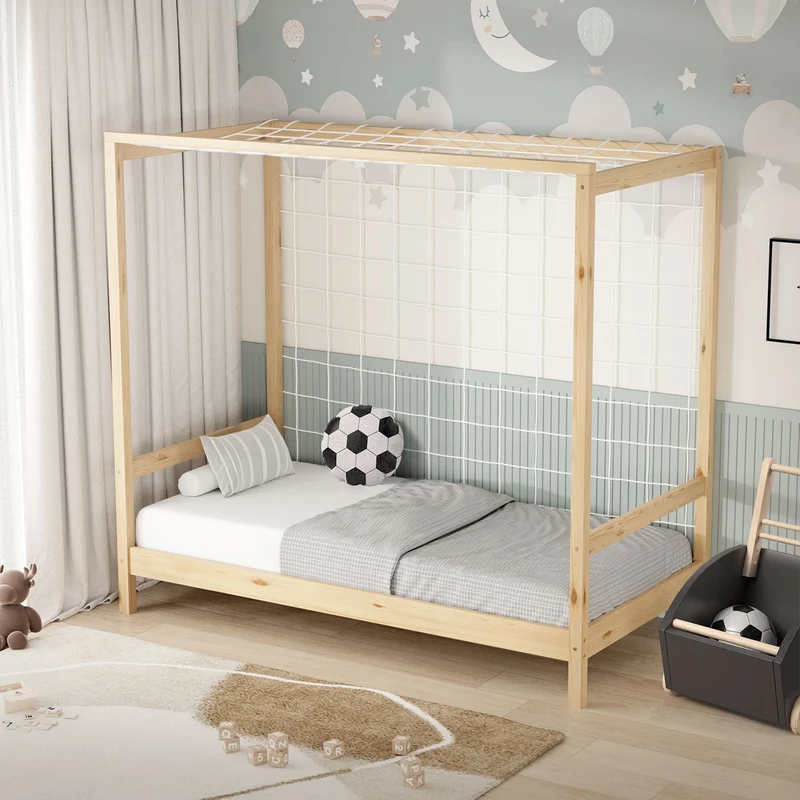 Kinderbett Fußballtor 80x160 cm Natur Einzelbett für Kinder Holzbett mit Lattenrost & Tornetz Handballtor ML-Design