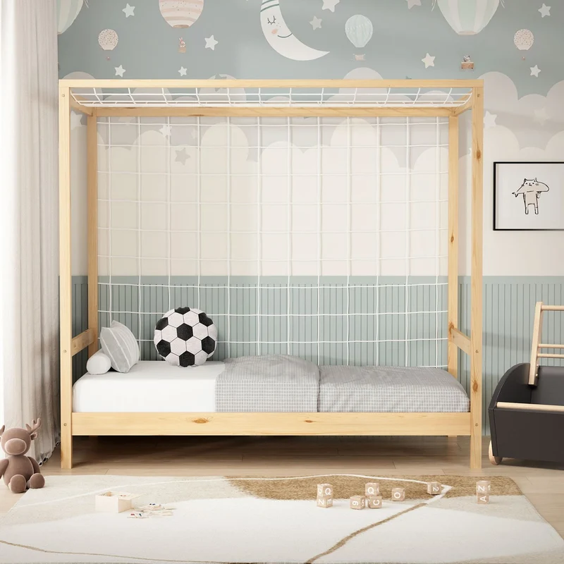 Kinderbett Fußballtor 80x160 cm Natur Einzelbett für Kinder Holzbett mit Lattenrost & Tornetz Handballtor ML-Design