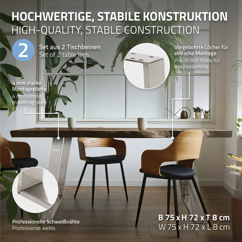 B-Ware Tischbeine Tischgestell 2er Set U-Design schräg 75x72 cm Silber aus Edelstahl ML-Design