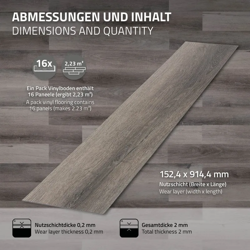 5er Set Deluxe PVC Klebevinylboden für 2,23 m² Kiefer Grau 2 mm dick ML-Design