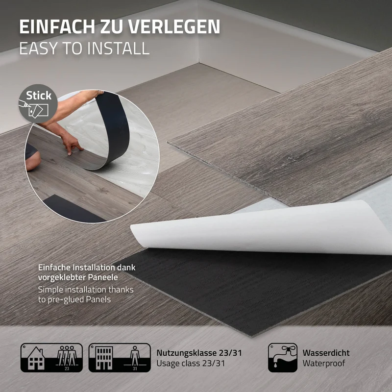 4er Set Deluxe PVC Klebevinylboden für 2,23 m² Kiefer Grau 2 mm dick ML-Design
