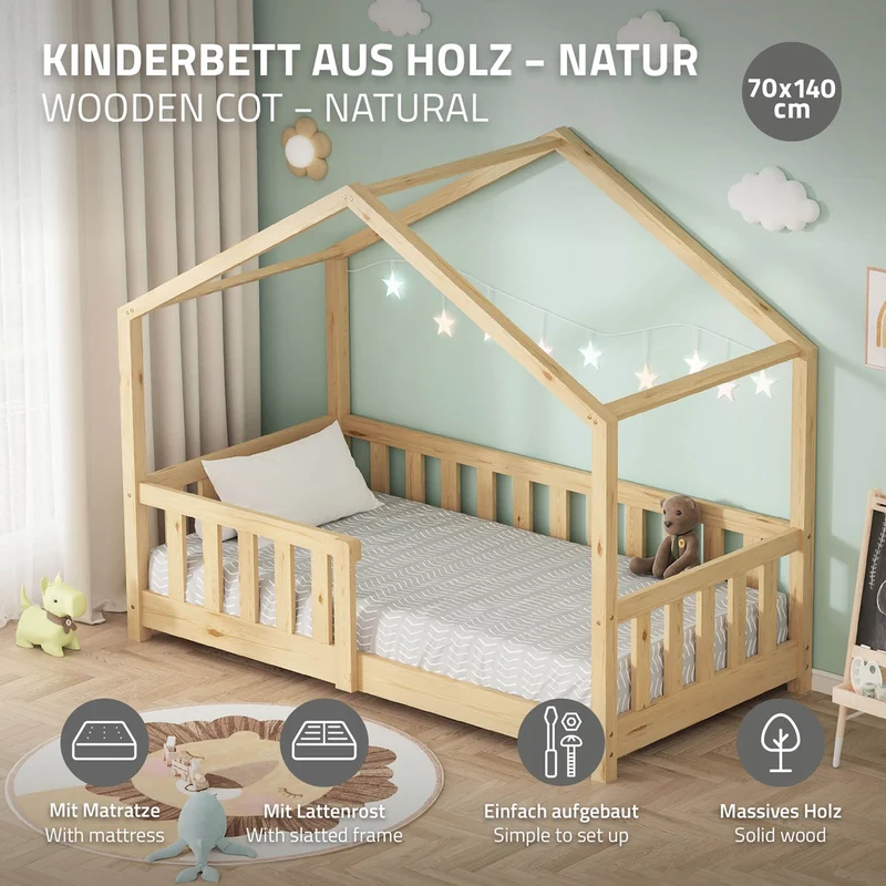 Kinderbett Hausbett 70x140 cm Natur aus Kiefernholz mit Matratze H:10cm Rausfallschutz und Lattenrost ML-Design