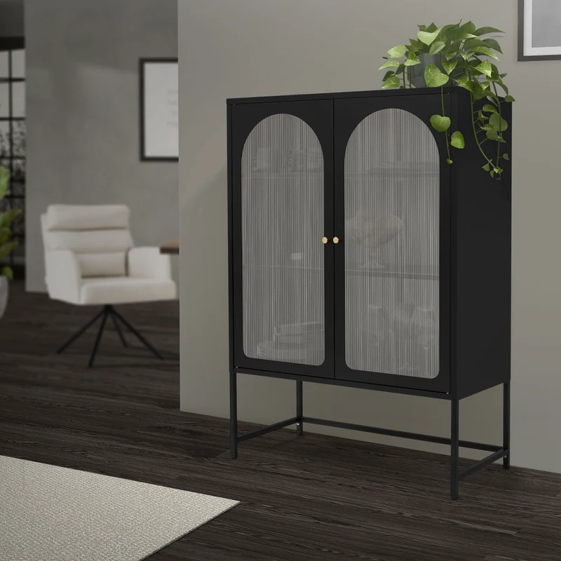 Vitrinenschrank doppeltürig 85x102x40 cm Vitrine mit 2 Einlegeböden Schwarz aus Stahl ML-Design