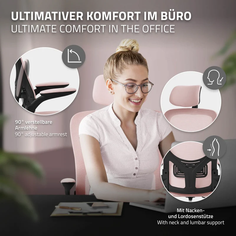 Ergonomischer Bürostuhl Rosa Netzgewebe mit verstellbarer Kopfstütze und Rollen ML-Design