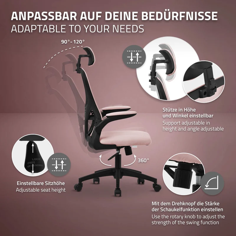 Ergonomischer Bürostuhl Rosa Netzgewebe mit verstellbarer Kopfstütze und Rollen ML-Design