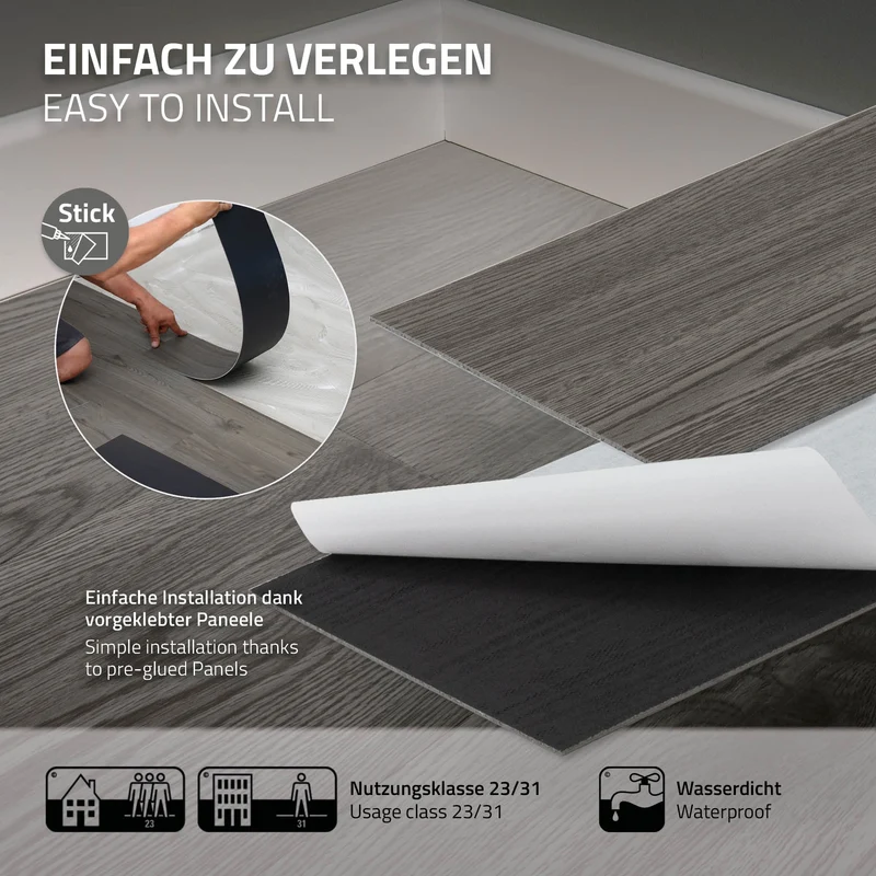 3er Set Deluxe PVC Klebevinylboden für 2,23 m² Eiche Grau 2 mm dick ML-Design