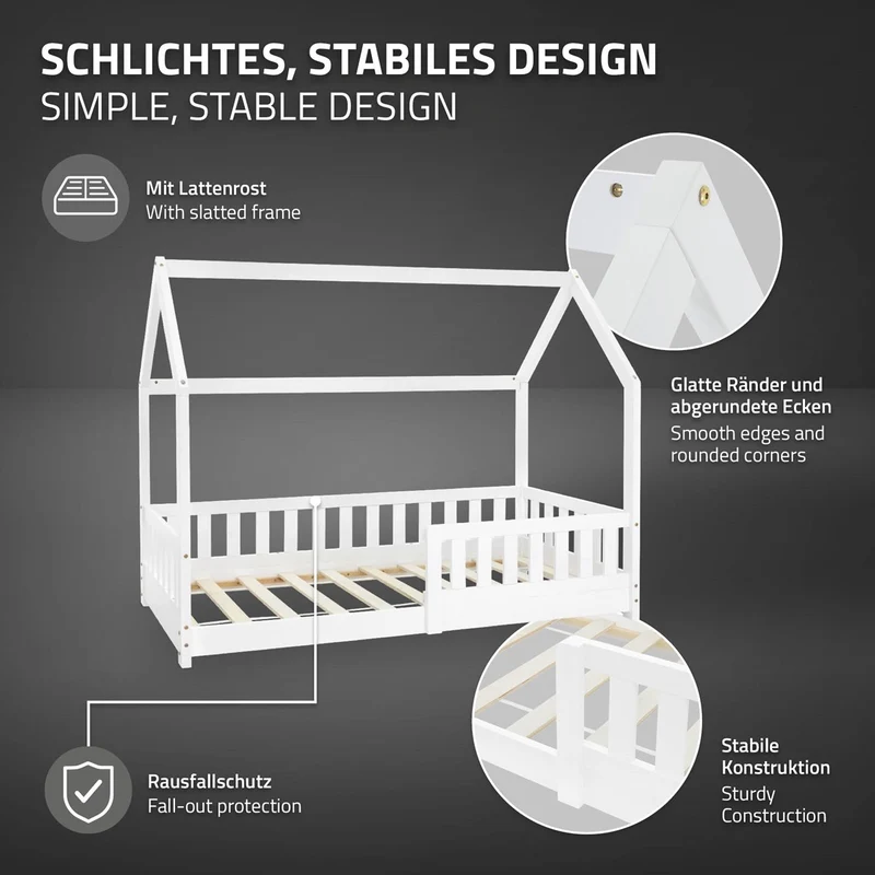 Kinderbett Hausbett 80x160 cm Weiß aus Kiefernholz inkl. Matratze H-10cm Rausfallschutz Dach und Lattenrost ML-Design