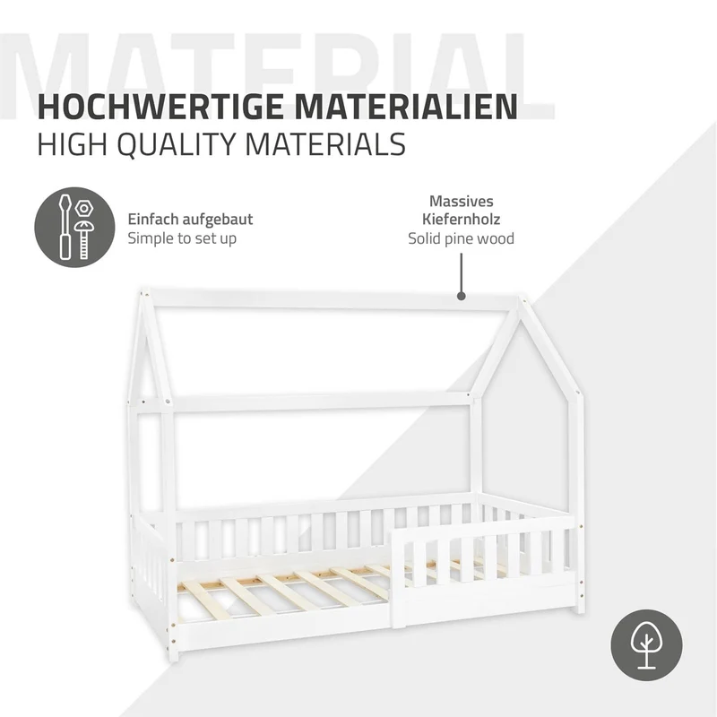 Kinderbett Hausbett 80x160 cm Weiß aus Kiefernholz inkl. Matratze H-10cm Rausfallschutz Dach und Lattenrost ML-Design