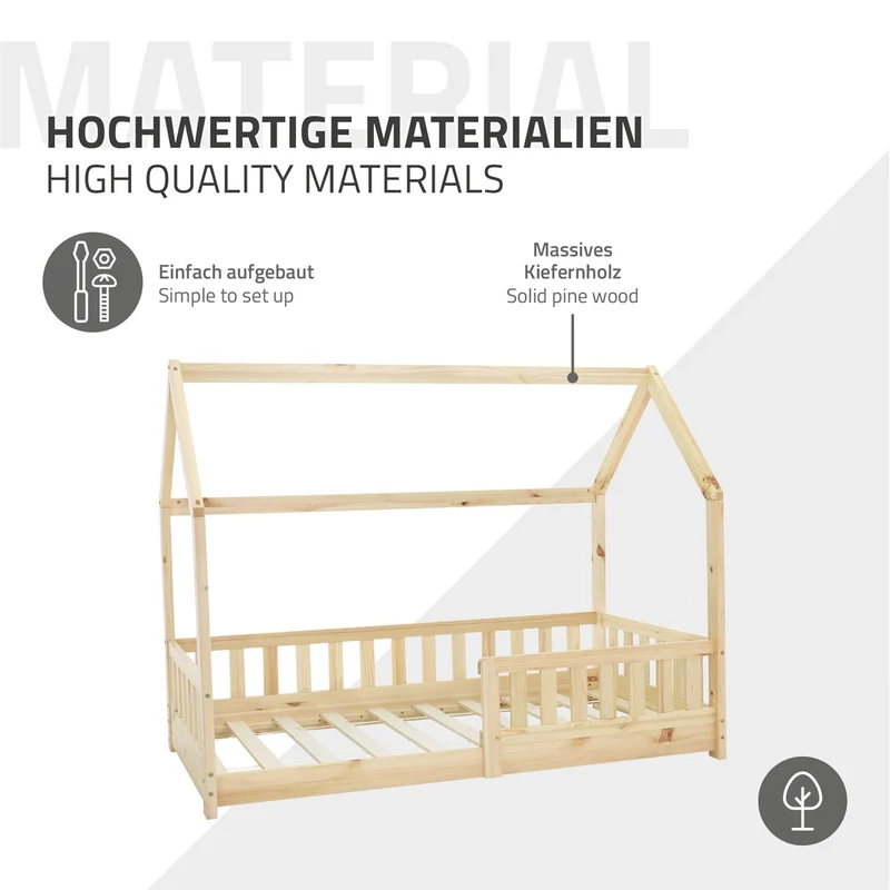 Kinderbett Hausbett 80x160 cm aus Kiefernholz inkl. Matratze H-10cm Rausfallschutz Dach und Lattenrost ML-Design